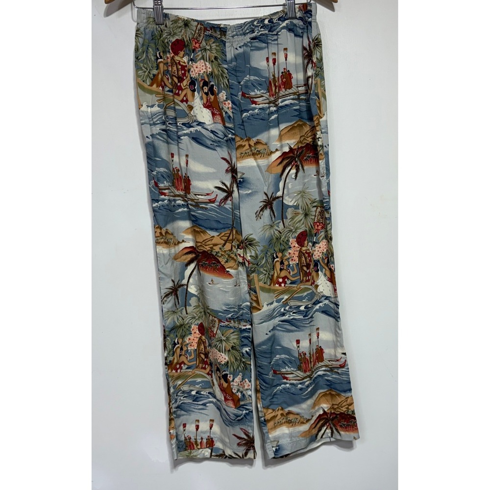 Sarah Bentley Womens XL Hawaiian Tropical Scenic Rayon Wide Leg Lounge Pant Blue